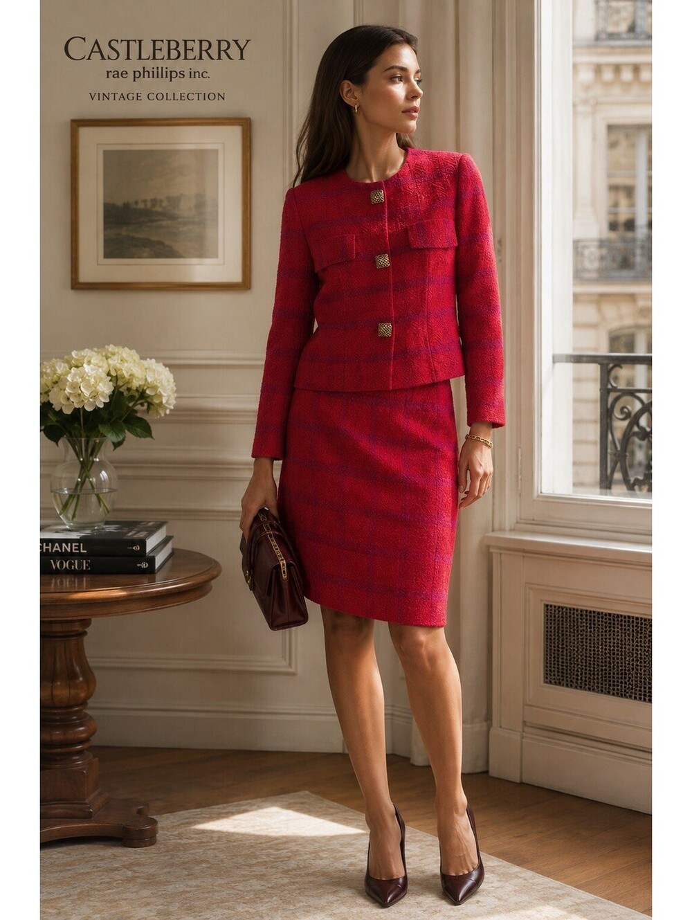Vintage Castleberry Rae Phillips Red pink Skirt Suit Gold Buttons Made UA